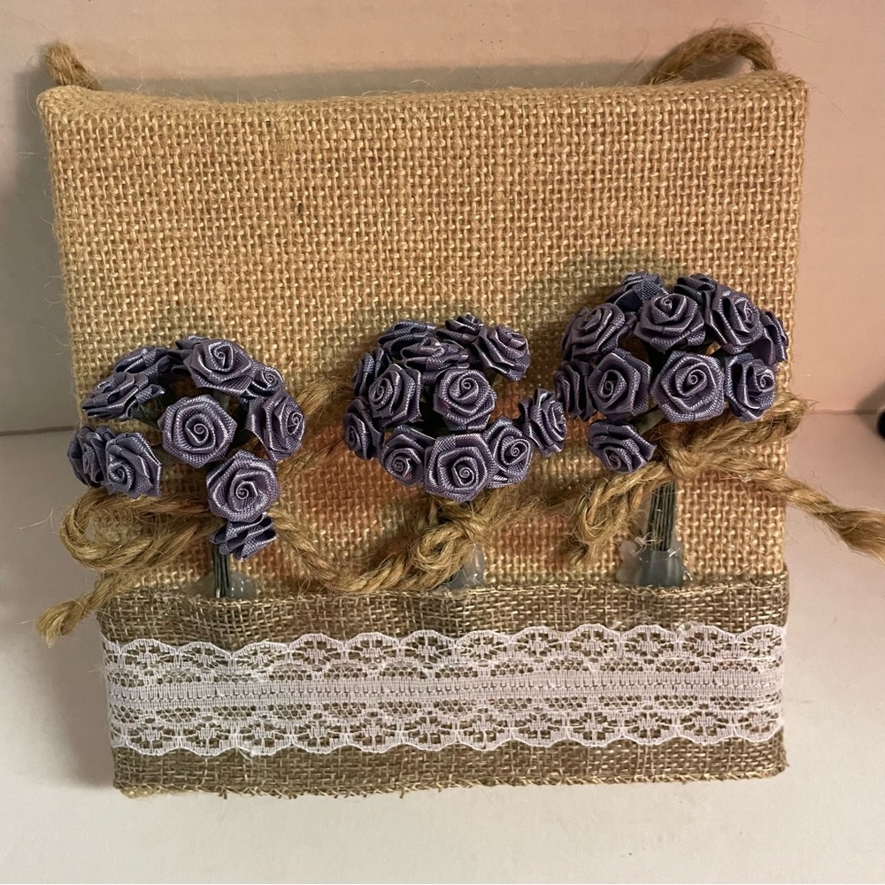 Handcrafted Burlap Wall Hanging with Purple Flowers